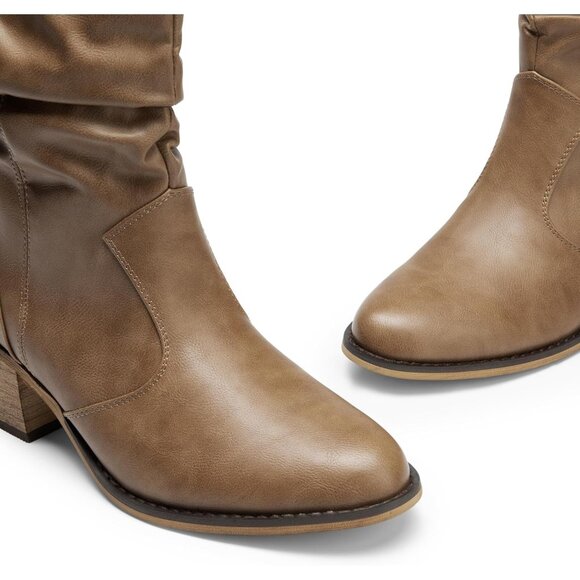 Women's Brown Modern Cowboy Boots Mid Calf Round Toe Chunky Heel Ankle Boots - Picture 4 of 7